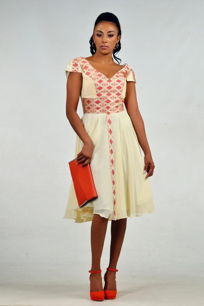 V-neck midi traditional fabric dress